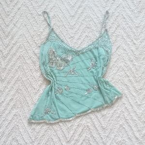 Y2K Blue Sheer Beaded Butterfly Mermaid Top